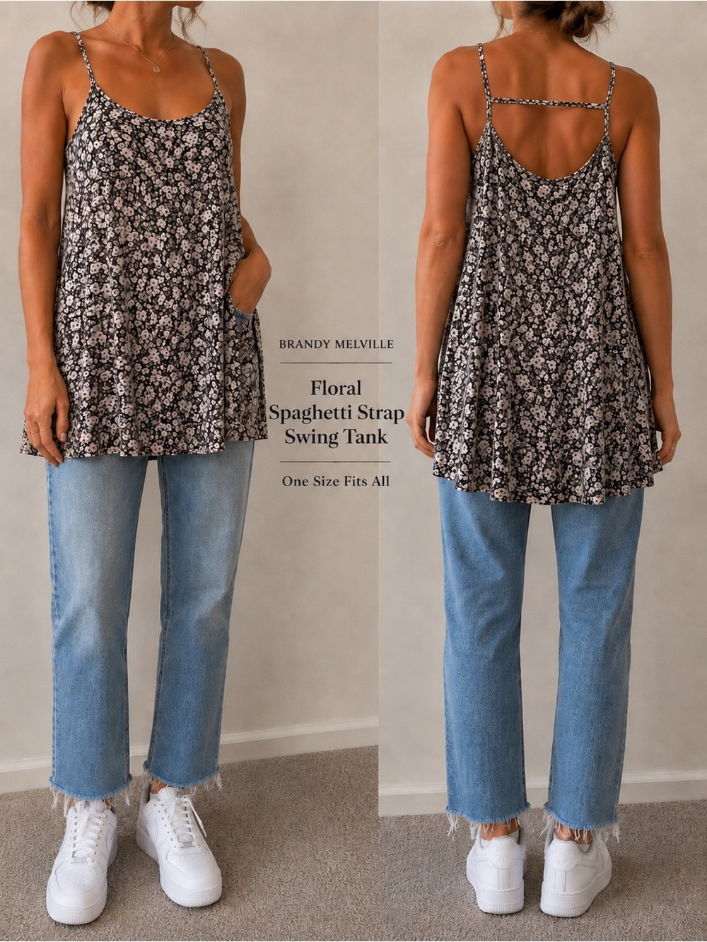 Floral Spaghetti Strap Swing Tank Top - Black/White